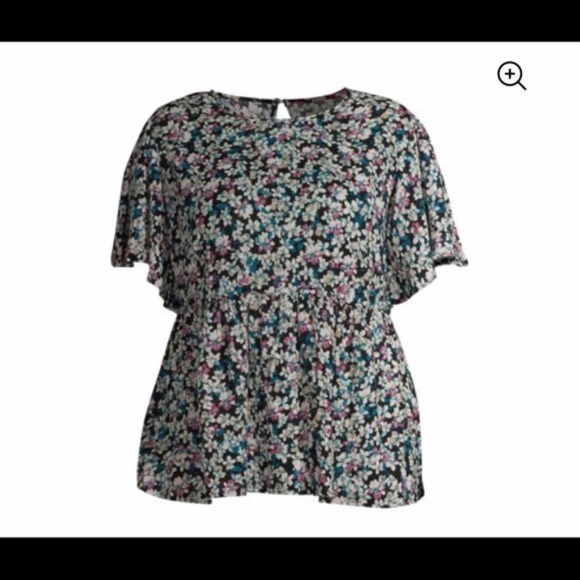 Top Blouse Plus Drop Shoulder Flutter Sleeve black floral print  2X(20w-22w) - Picture 4 of 6